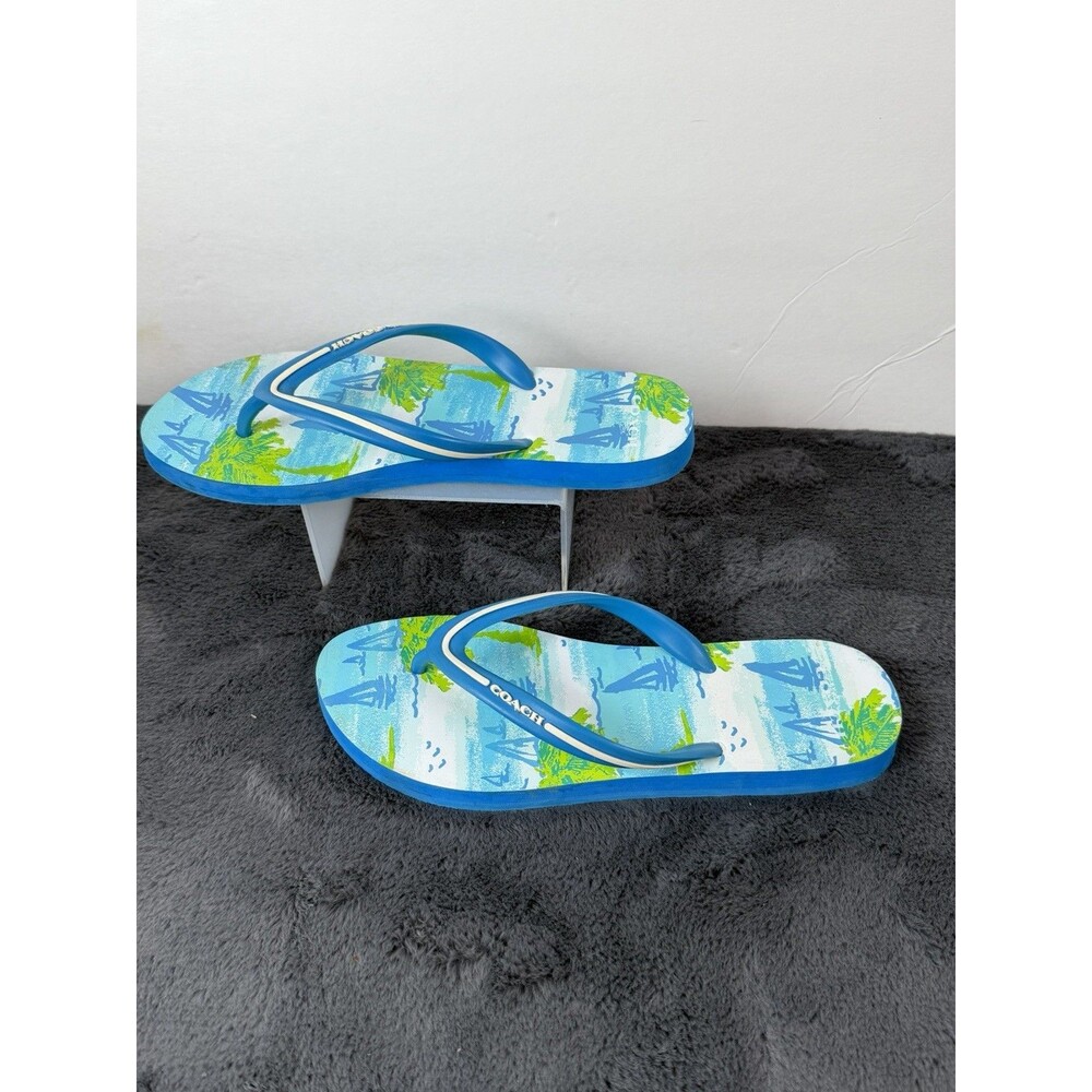 Coach Women’s Flip Flops Size 7-8 Blue Tropical Palm Tree Beach Sandals